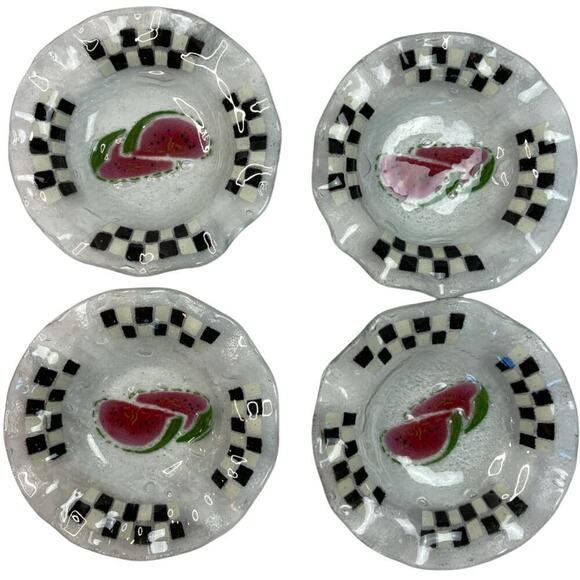 Watermelon Checker Print Glass Bowl Plates Set of 4 - Picture 1 of 7